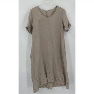 Rosemarine linen a-line trapeze dress tan cut-out hem embroidery floral Italy S